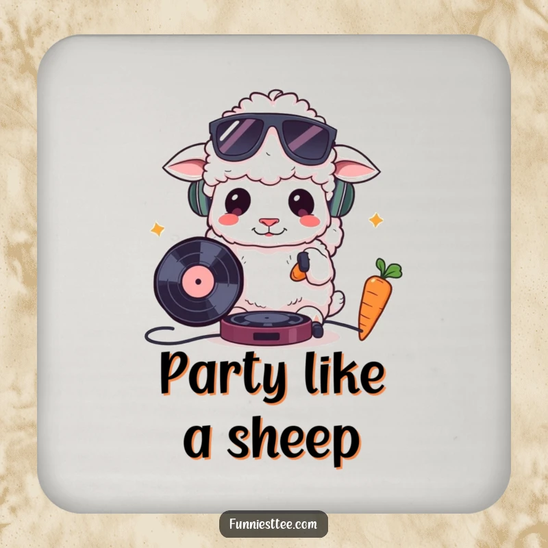 Funny drink coaster showing a fluffy sheep wearing sunglasses, cooly DJing with a record and carrot, adding a humorous music-themed touch to surface protection.