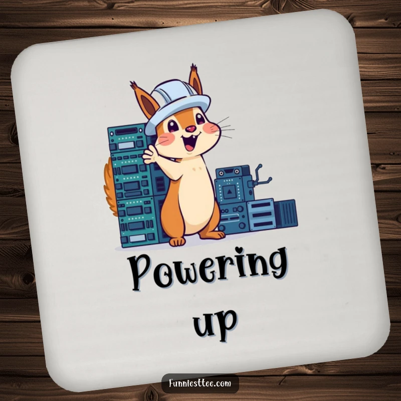 Funny squirrel in a hard hat excitedly gesturing towards a tower of circuit boards, tech humor on drink coasters.