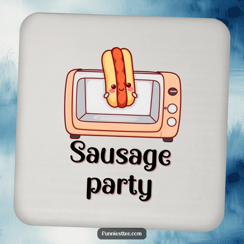 Funny hot dog drink coaster featuring a hot dog popping out of a toaster oven, offering hilarious protection for surfaces.