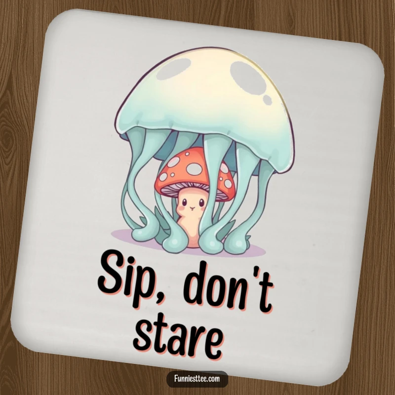 Funny shy mushroom peeking from behind a giant, wobbly jelly on a drink coaster, a sweet and humorous protective accessory.