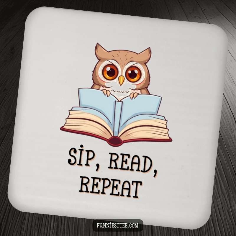 Funny owl drink coaster with a curious owl peeking from a large, open storybook, offering surface protection with charm.