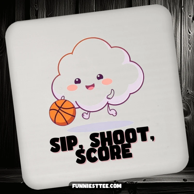 Funny happy cloud dribbling a basketball with its puff on a drink coaster, a humorous and protective surface saver.