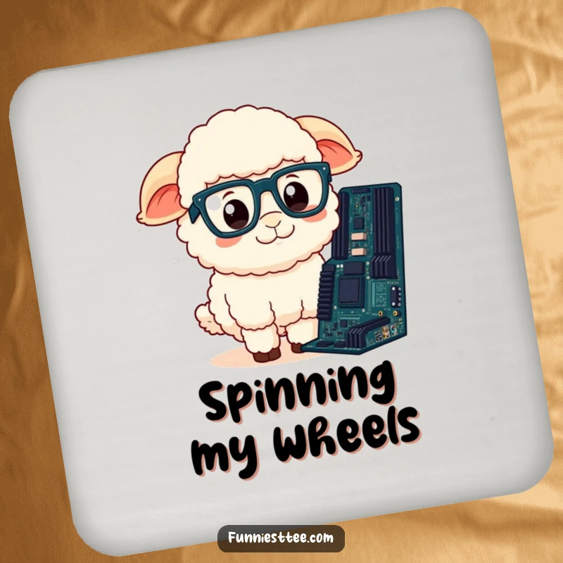 Funny Sheep Drink Coaster: A confused sheep with glasses contemplates a motherboard, perfect for tech-themed tables.
