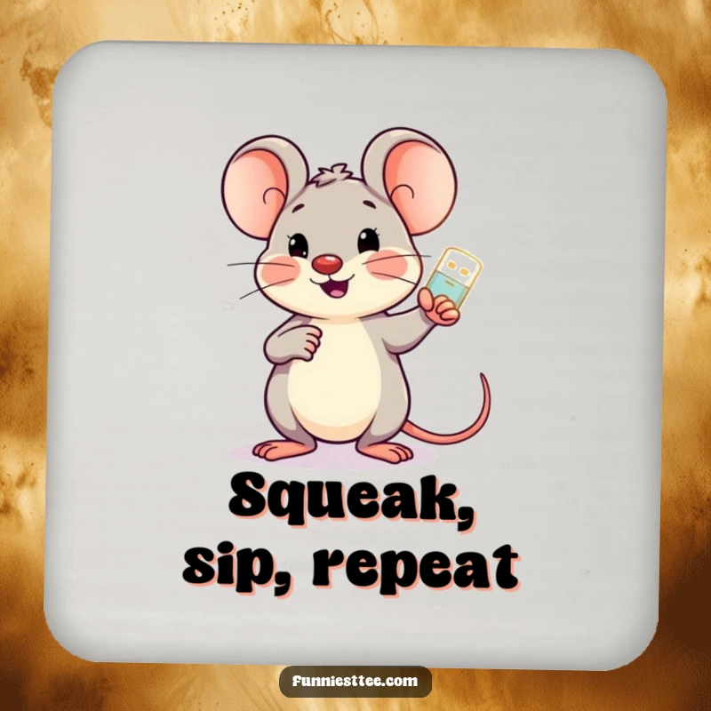 Funny cheerful mouse holding a glowing USB drive, pointing encouragingly at a screen, a protective and cute coaster.