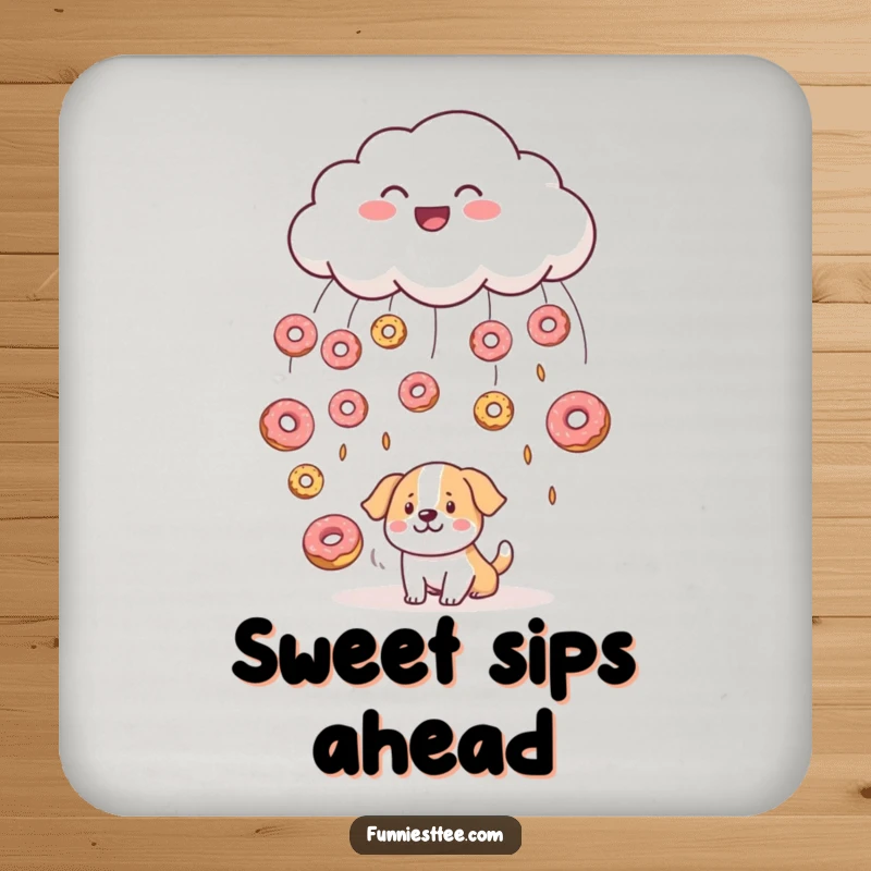 Funny drink coasters showing a smiling cloud raining donuts onto a bewildered dog, a sweet and humorous way to protect your surfaces.