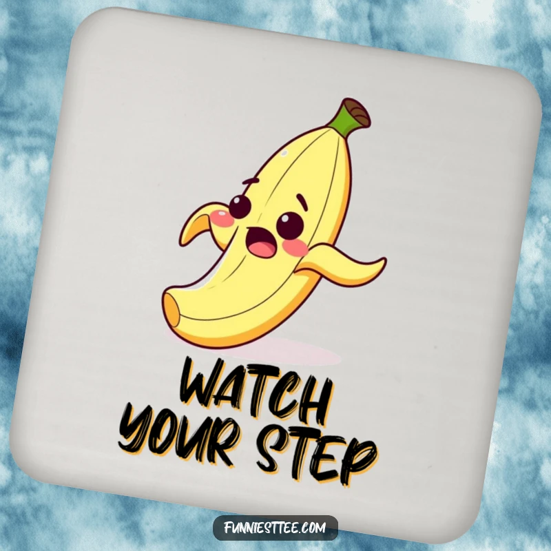 Funny drink coasters featuring a surprised cartoon banana peel with a wide grin, comically slipping on its own peel, a humorous table protector.