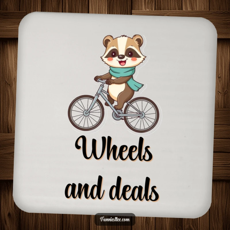 Funny badger drink coaster showing a cheerful badger riding a bicycle with large, wobbly wheels, adding charm to tables.