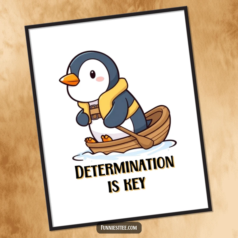 Funny penguin poster depicting a determined penguin in a life vest, bravely paddling a small boat forward, inspirational art.