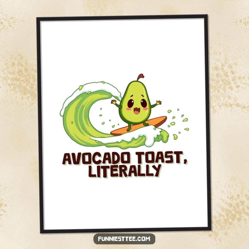 Funny poster art of an amazed avocado bodyboarding a massive guacamole wave, showcasing extreme sports humor and delightful absurdity.