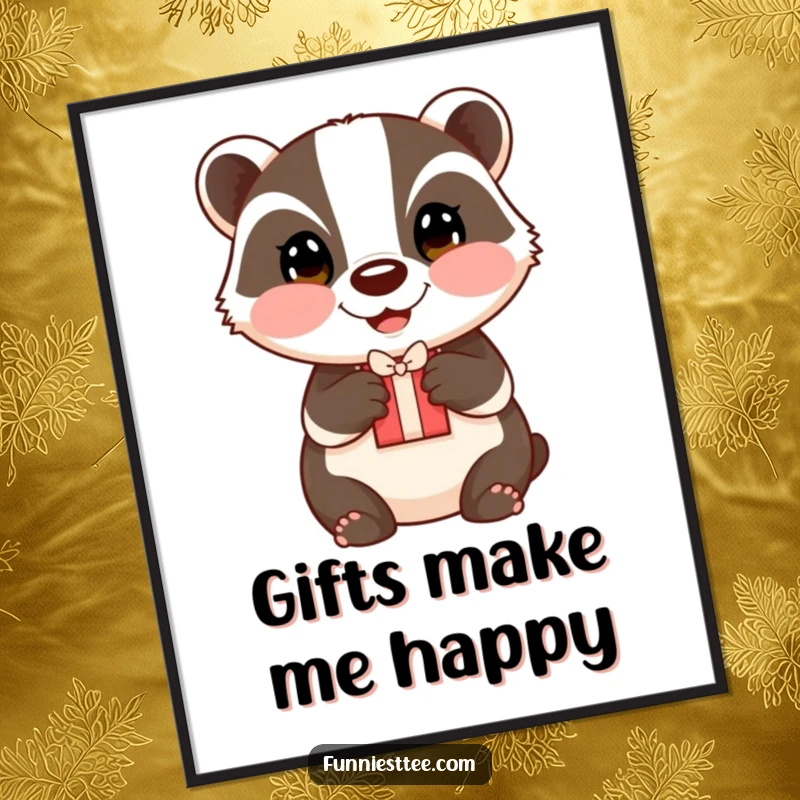 Funny badger gift poster, a happy badger with rosy cheeks offering a small gift.