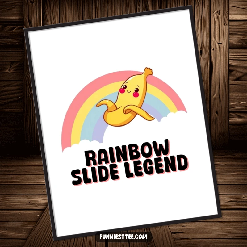 Funny Banana Rainbow Poster featuring a cheerful banana peel sliding gleefully down a rainbow, perfect for adding vibrant decor.
