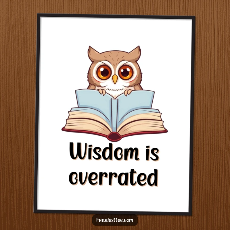 Funny owl poster featuring a curious owl peeking from a large, open storybook, adding a touch of playful literary magic.