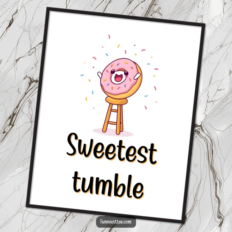 Funny decorative poster print of a donut character falling off a stool with sprinkles flying everywhere.