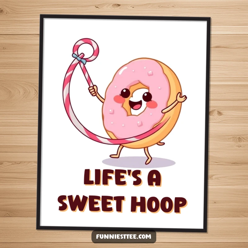 Funny poster depicting a jubilant donut executing a hula hoop move with a licorice whip, bringing vibrant silliness to decor.