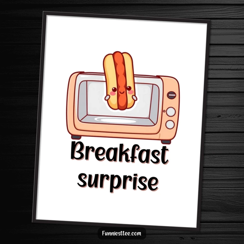 Funny hot dog poster showing a smiling hot dog bursting from a toaster oven, creating a hilarious piece of kitchen-themed wall art.