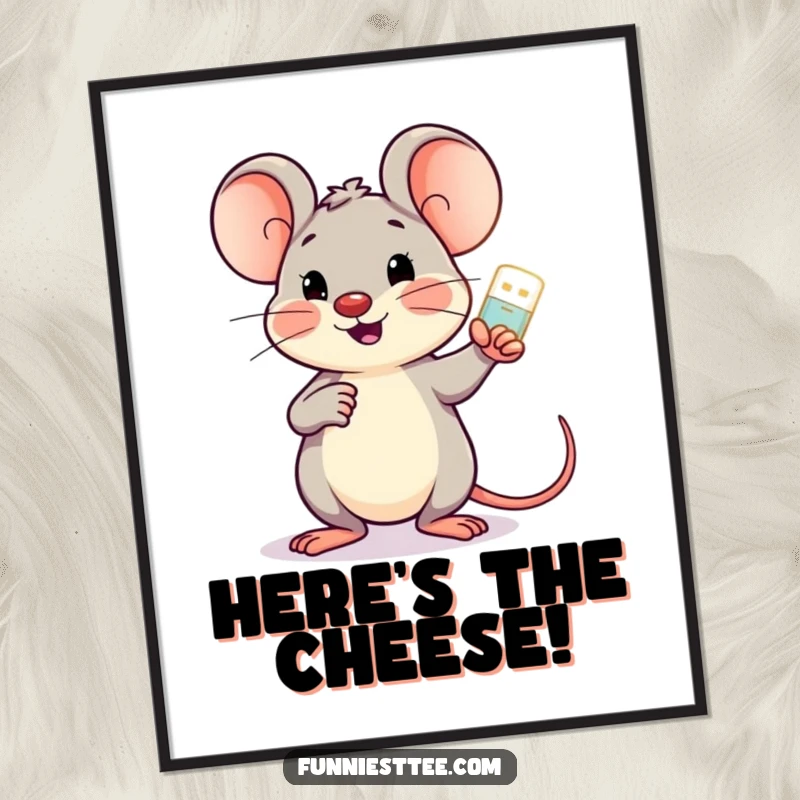 Funny cheerful mouse holding a glowing USB drive, pointing encouragingly at a screen, charming wall art.