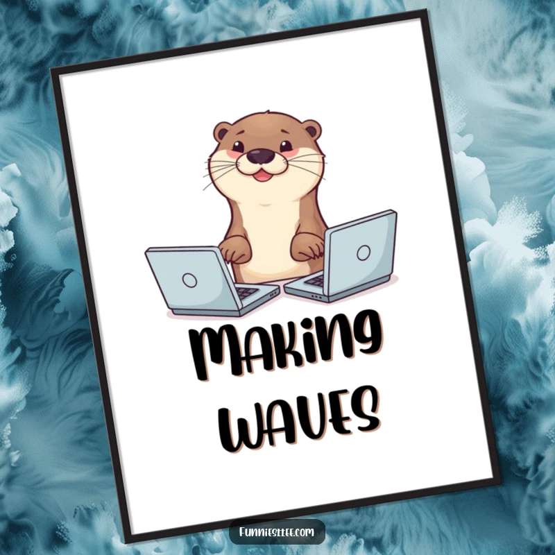 Funny smiling otter typing with two paws on multiple laptops simultaneously, busy animal art print for wall decor.