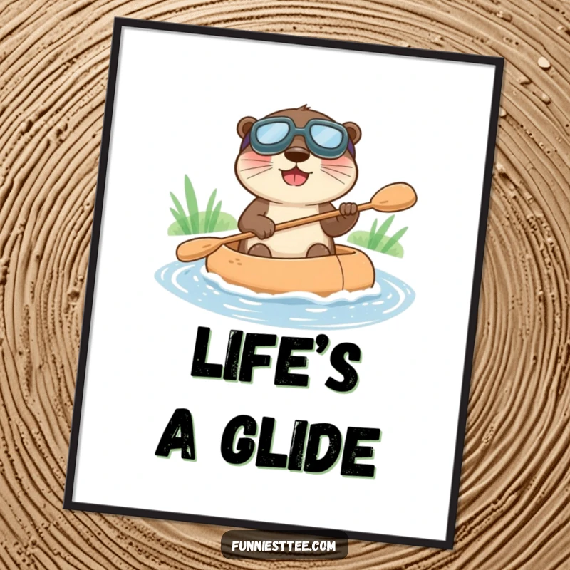Funny poster featuring a happy otter in goggles, paddling a raft down a gentle stream, adding cheer.