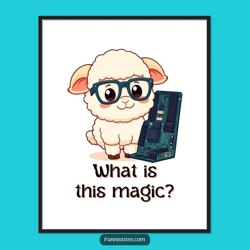 Funny Sheep Poster: Confused Sheep & Motherboard Art, Quirky Tech Decor Gift