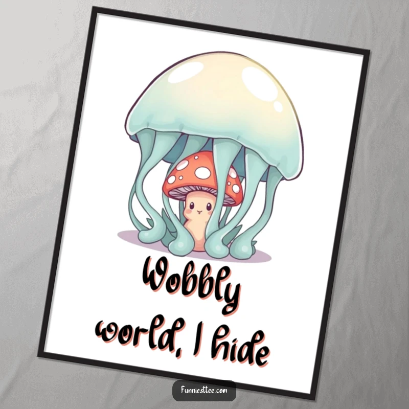 Funny shy mushroom character peeking from behind a large, wobbly jelly on a poster, creating a heartwarming and humorous art piece.