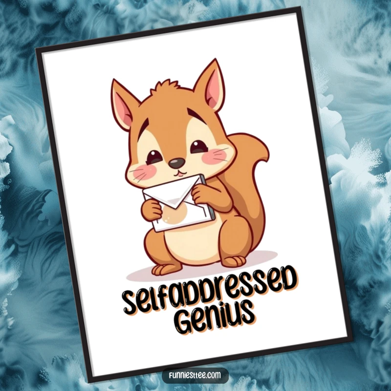 Funny Squirrel Mail Poster: A confused squirrel tries to mail a nut to itself, creating humorous wall art.