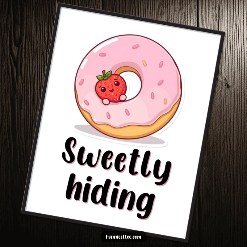 Funny Poster art showing a shy strawberry peeking from behind a large, gleeful donut, a delightful and humorous pairing.