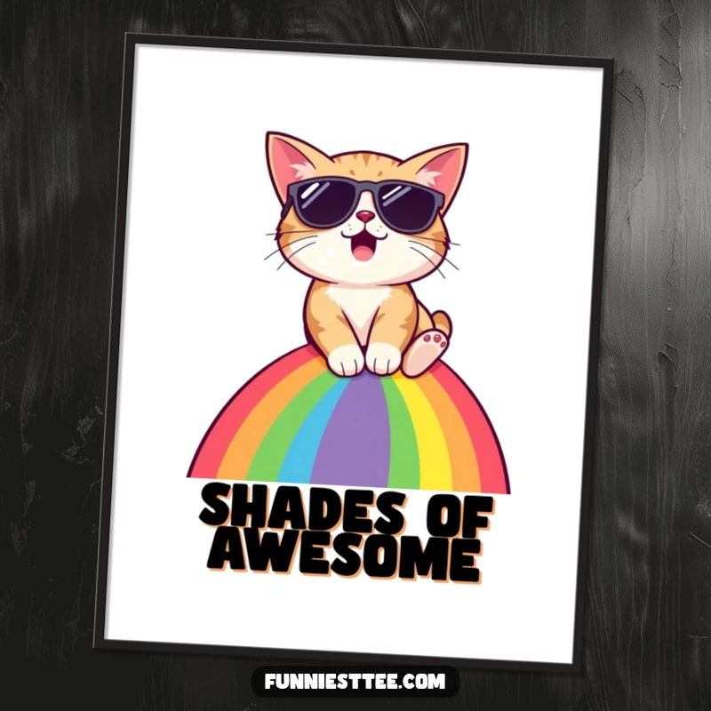 Funny cat wearing sunglasses, sliding down rainbow, surprised expression, humorous wall art, cool and funny, perfect gift.