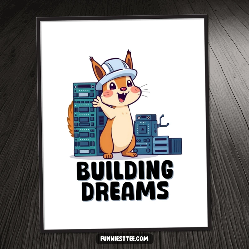Funny squirrel in a hard hat excitedly gesturing towards a tower of circuit boards, tech art print for wall decor.