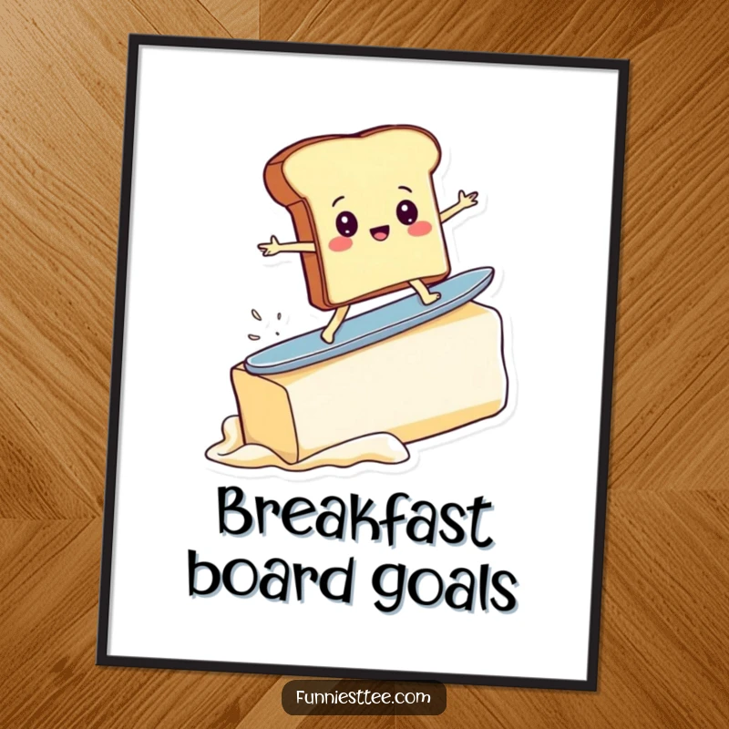 Funny poster depicting a courageous toast character surfing a colossal pat of butter, embodying a ridiculous yet awe-inspiring breakfast moment.