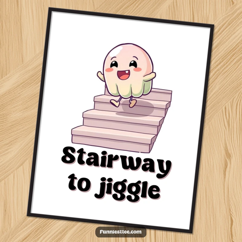 Funny poster art of a wobbly jelly character gleefully bouncing down a set of stairs, capturing a moment of pure, humorous exhilaration.