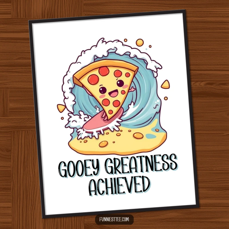 Funny determined pizza slice surfing a breaking wave of cheese on a poster, a comical and appetizing piece of wall art.