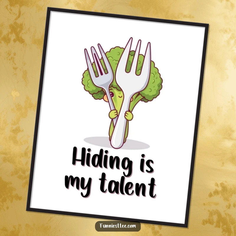 Funny poster artwork of a shy broccoli character peeking from behind a giant fork and spoon, creating a humorous and endearing scene.