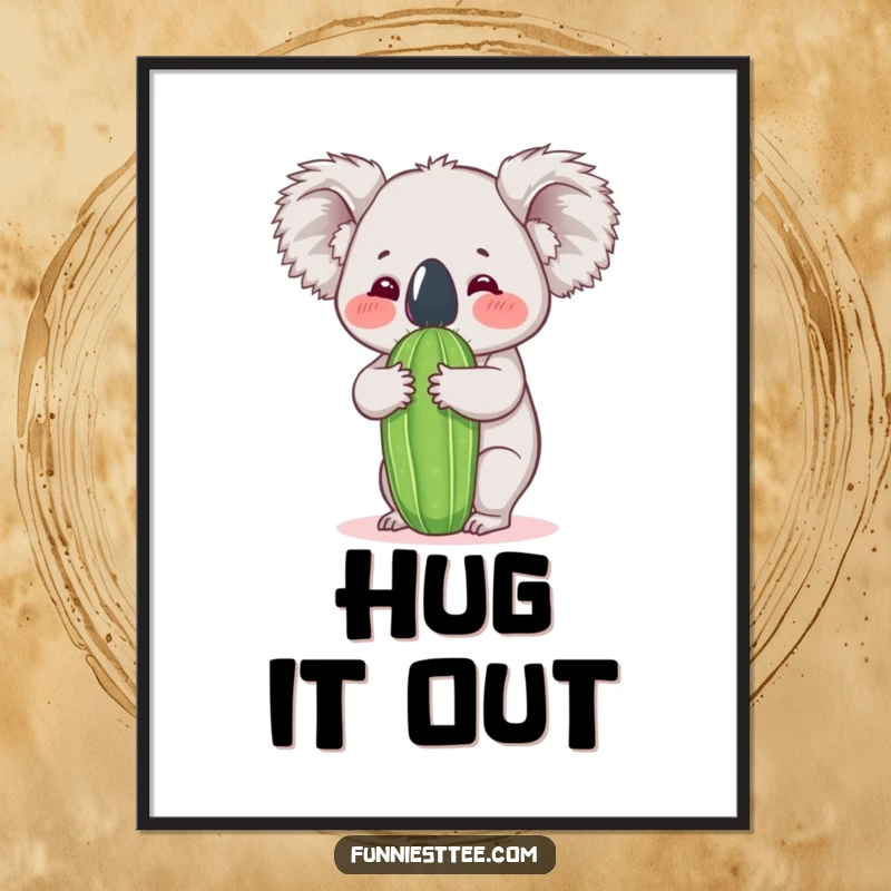 Funny koala poster featuring a koala attempting to hug a cactus, capturing a moment of hilarious, misguided affection and adorableness.