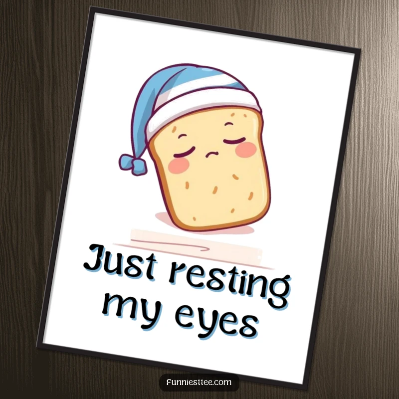 Funny poster of a sleepy bread loaf wearing a nightcap, humorously falling off a shelf, a charming and humorous artwork.