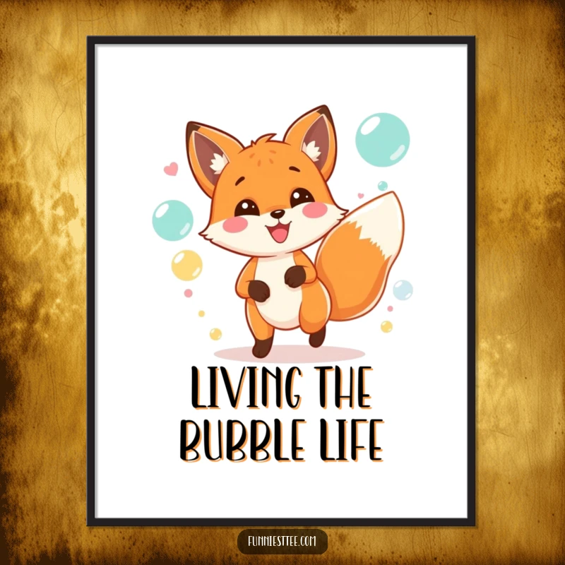 Funny poster print illustrating a joyful fox actively chasing iridescent bubbles during a lively and colorful party.