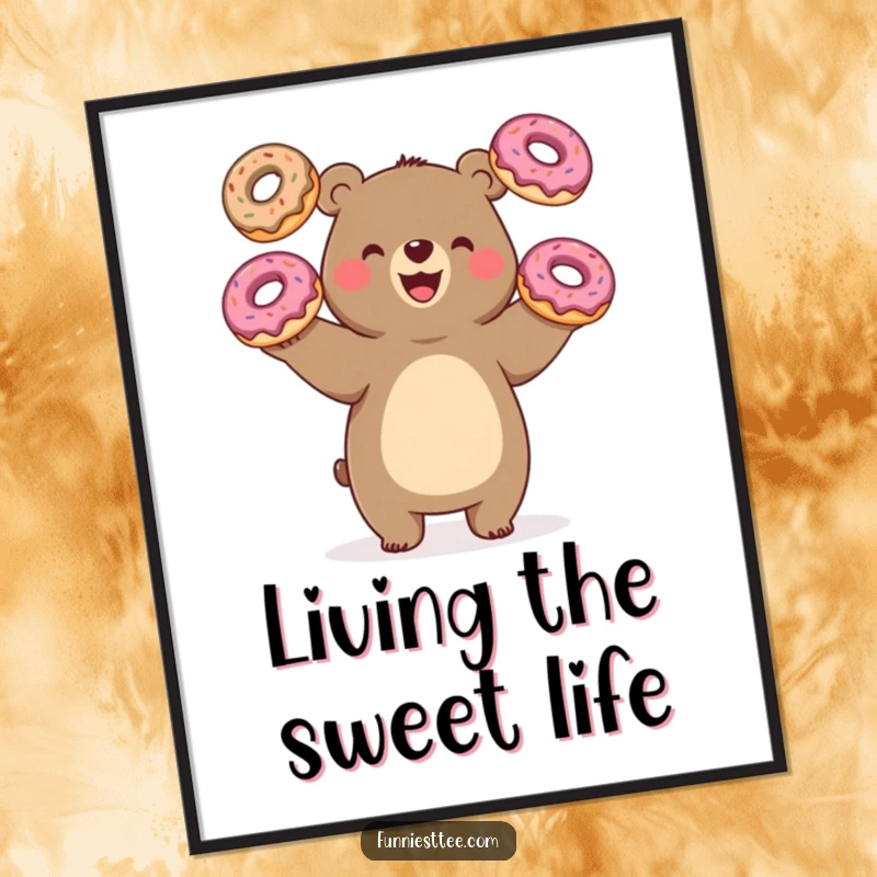 Funny bear juggling donuts, oversized treats, humorous wall art, sweet and funny, perfect gift.