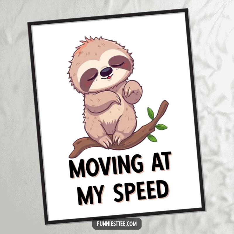 Funny poster illustrating a sleepy sloth comically tangled in its limbs while attempting to breakdance on a branch, a whimsical piece of art.