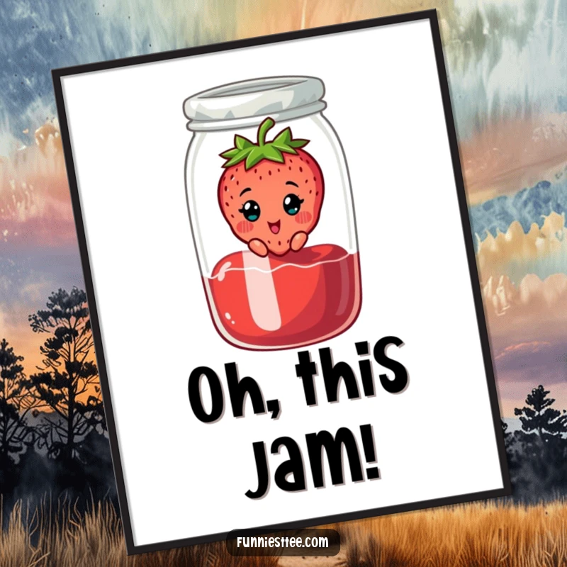 Funny poster of a cheerful strawberry character stuck in a jam jar, looking surprised, a charming and humorous artwork.