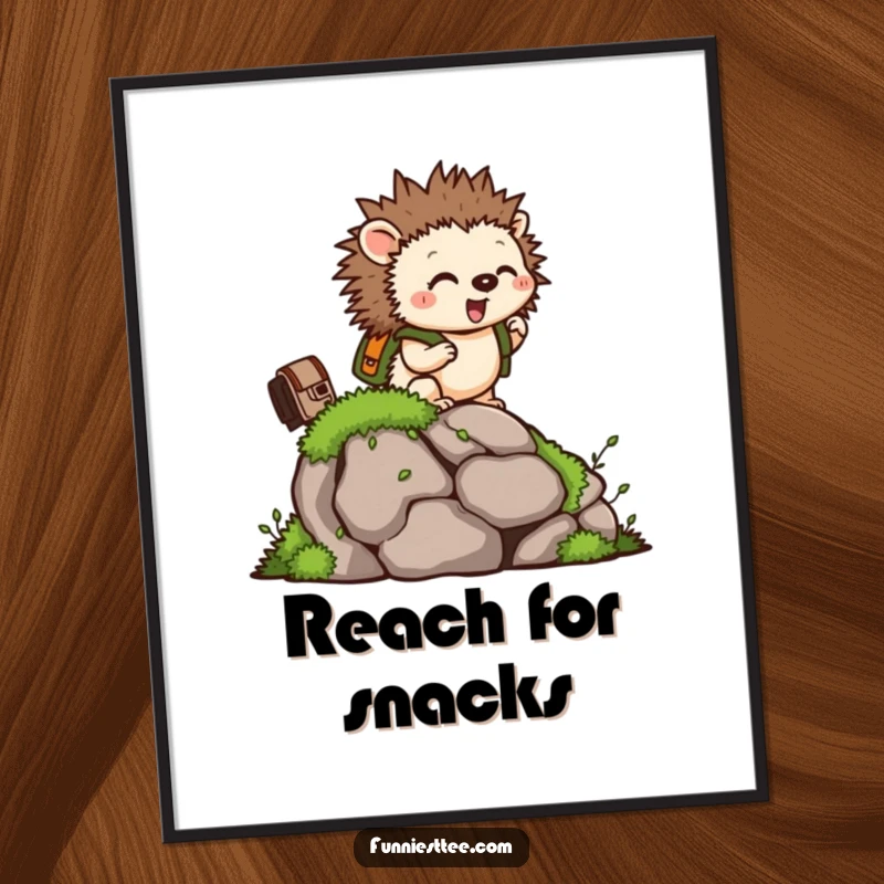 Funny poster featuring a tiny hedgehog with a backpack, excitedly climbing a mossy rock, inspiring determination.