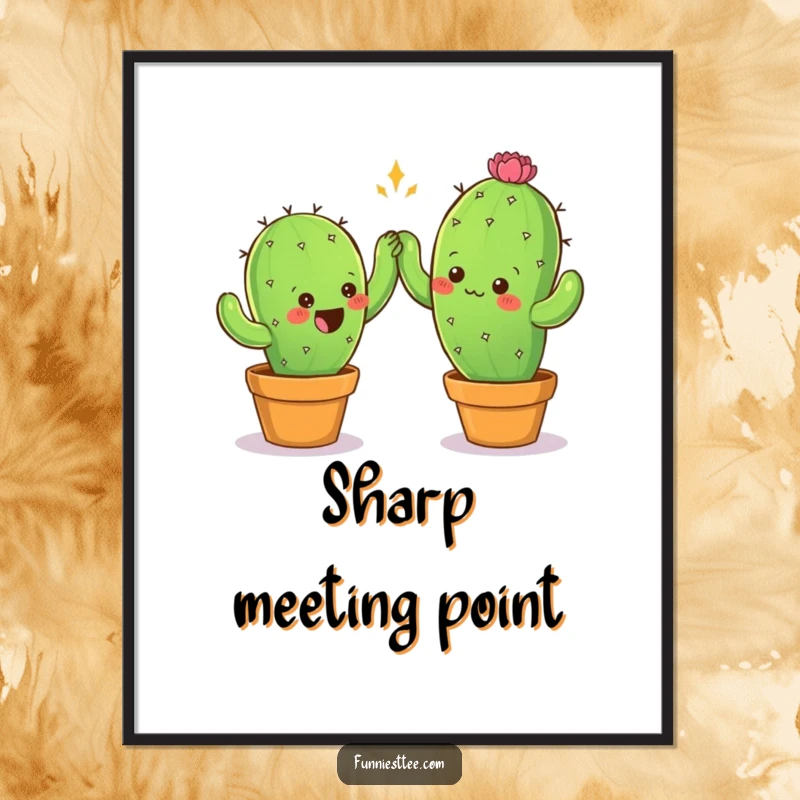Funny poster depicting two spiky cactus characters carefully reaching for a high-five, illustrating a comical and endearing moment of friendship.