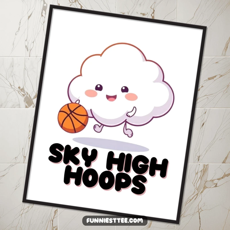 Funny happy cloud character dribbling a basketball with its puff on a poster, a whimsical and energetic piece of wall art.