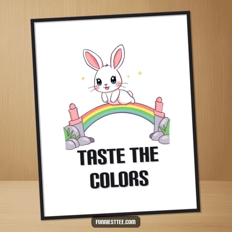 Funny poster featuring a playful rabbit with sparkling eyes leaping over a vibrant rainbow bridge, adding charm.