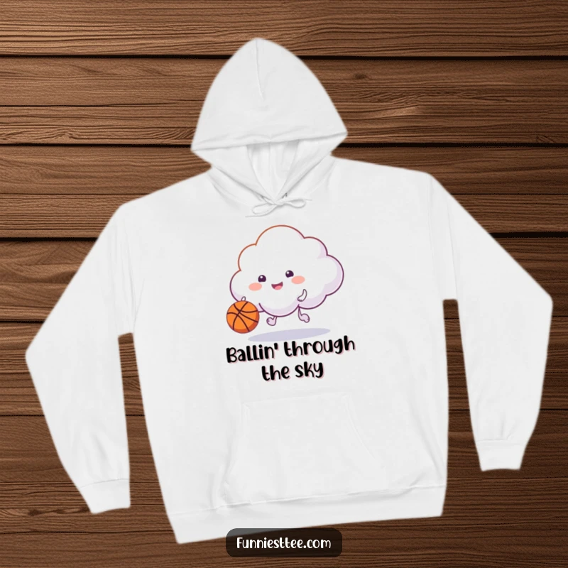 Funny happy cloud dribbling a basketball with its puff on a hoodie, a cozy and comical design for sport enthusiasts.