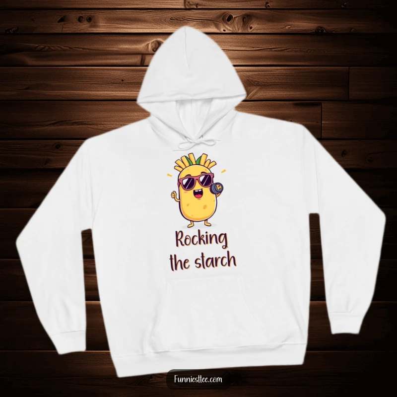 Funny potato hoodie showing a potato character wearing sunglasses, holding a French fry like a microphone, looking like a rockstar.