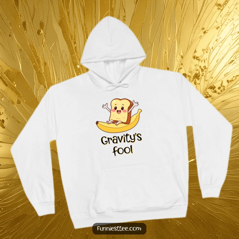 Funny hoodie depicting a slice of toast with flailing arms sliding down a banana peel.