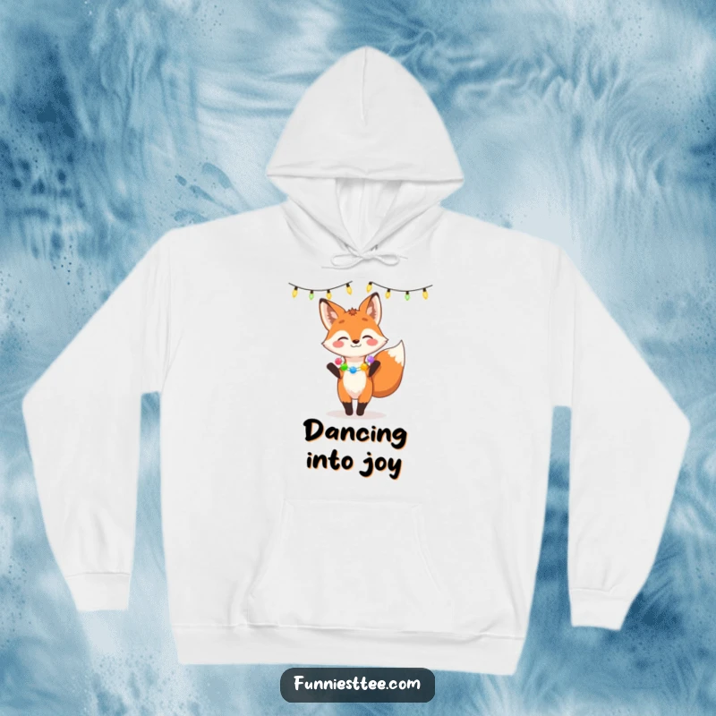 Funny hoodie featuring a giggling fox adorned with a garland, dancing joyfully under a string of festive lights, perfect for cozy celebrations.