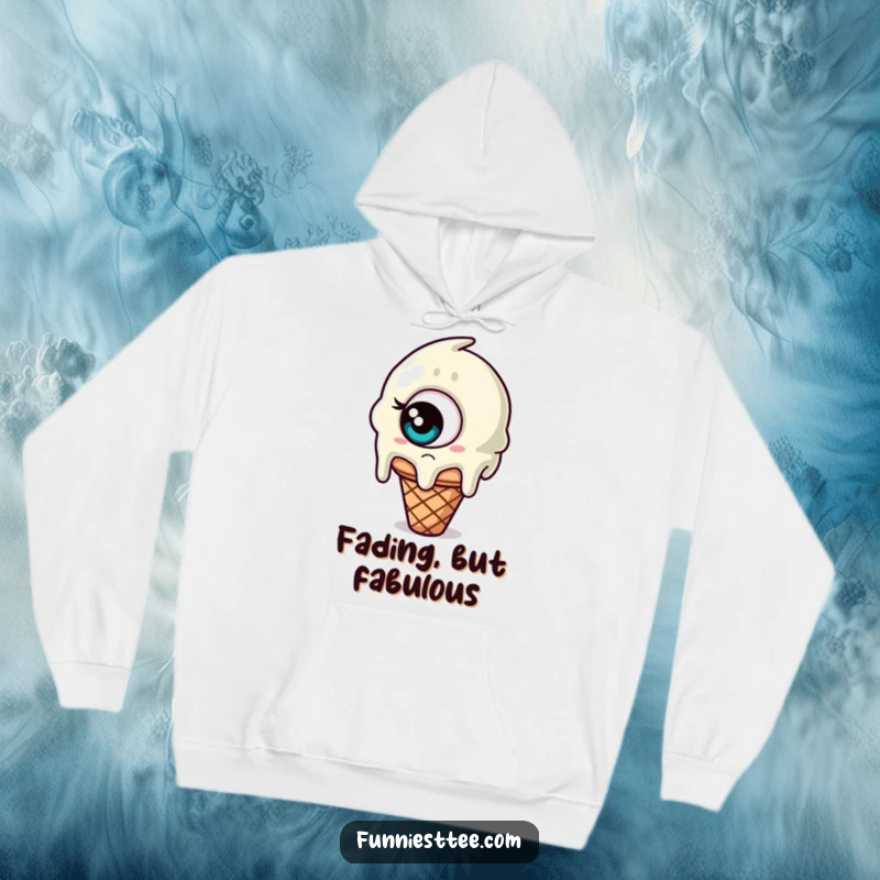 Funny hoodie depicting a melting ice cream cone with a single, giant, confused eye, a warm and whimsical wearable art piece.