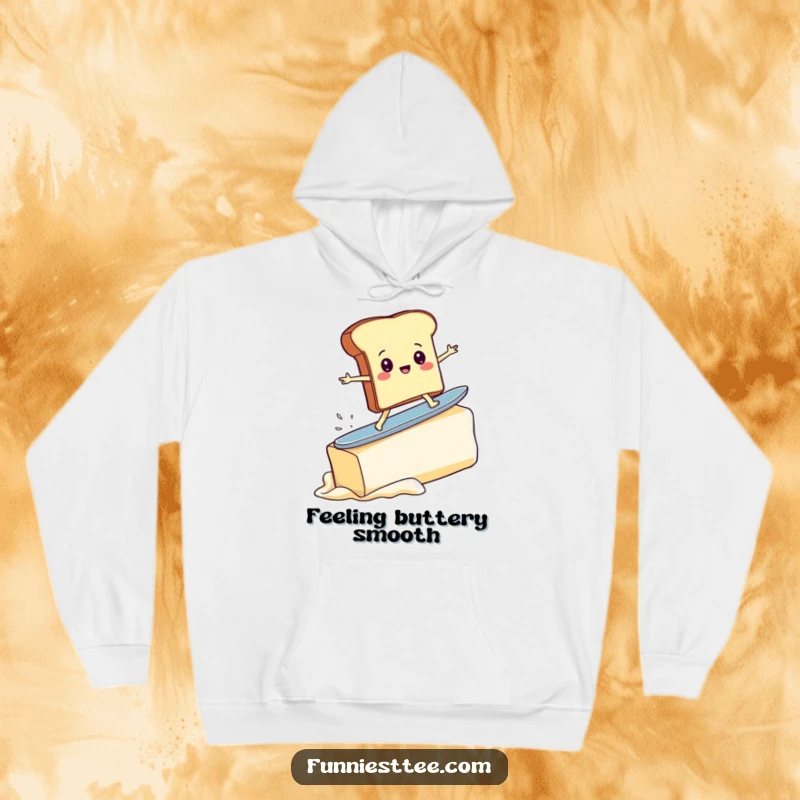 Funny hoodie featuring a determined toast slice character conquering a huge pat of butter like a surfer, emphasizing a comical, epic quest.