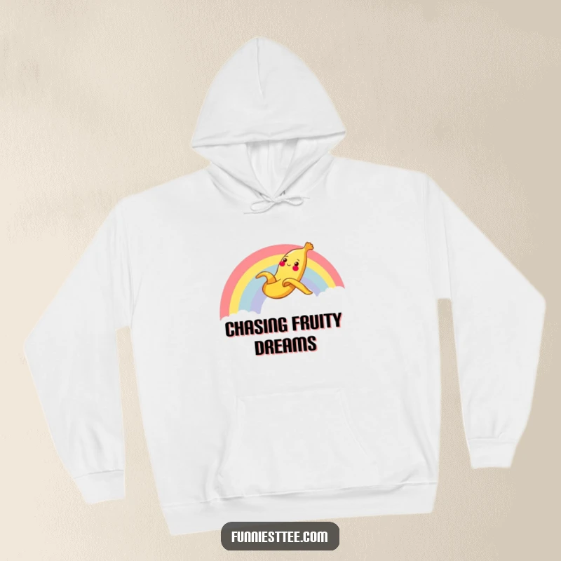 Funny Banana Rainbow Hoodie featuring a cheerful banana peel sliding gleefully down a rainbow, providing warmth and humorous charm.