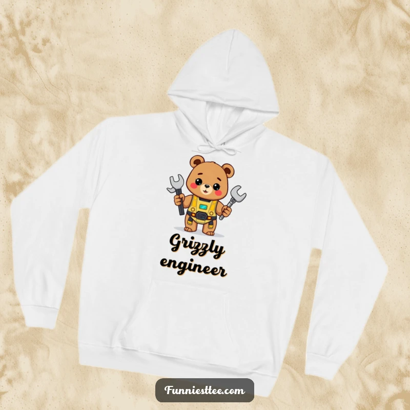 Funny Bear Hoodie: A cheerful bear holds a wrench and proudly displays a half-built robot, perfect for makers.